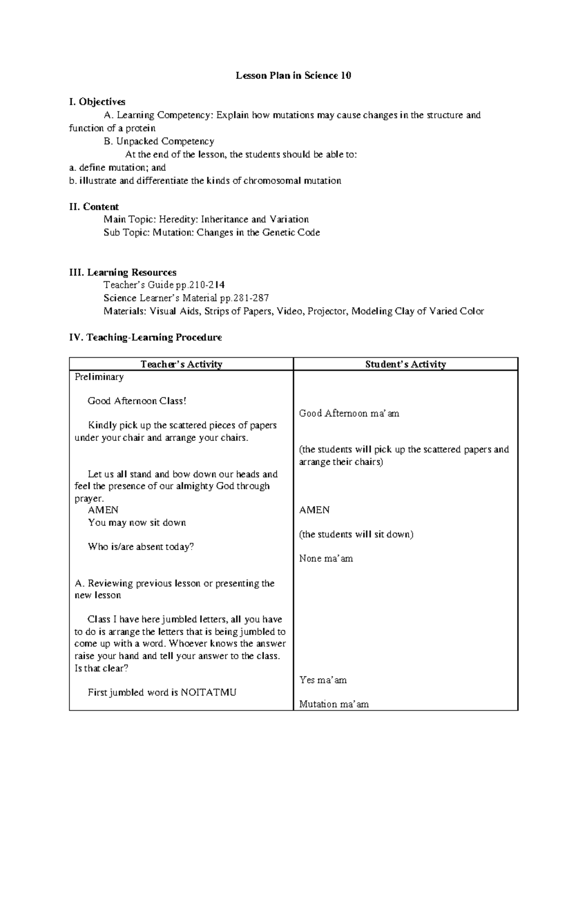 Pdfcoffee - n/a - Lesson Plan in Science 10 I. Objectives A. Learning ...