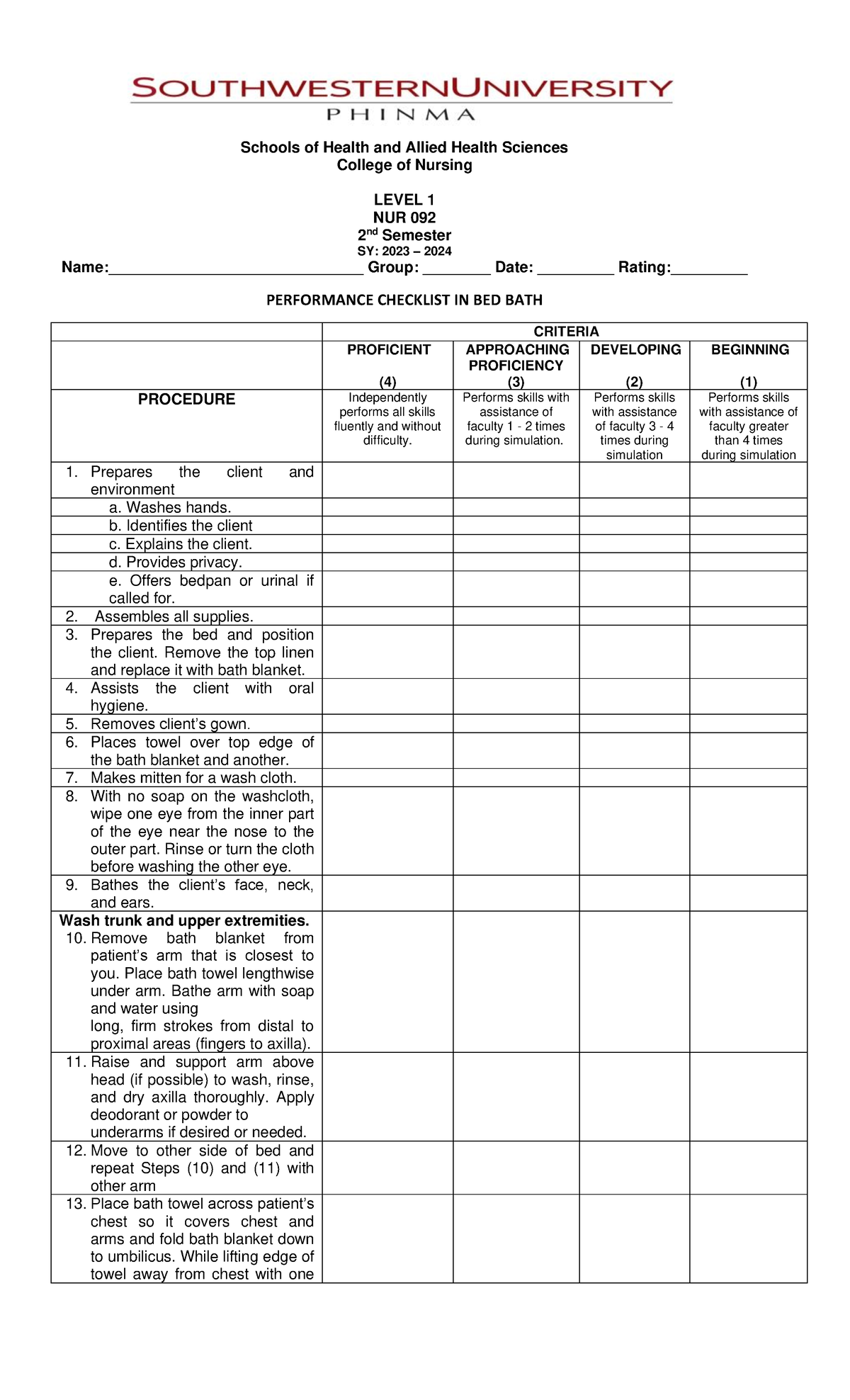 BED BATH - RETDEM CHECKLIST - Schools of Health and Allied Health ...