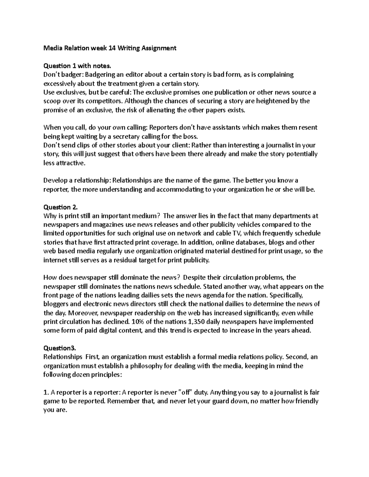 Media Relation week 14 Writing Assignment - Media Relation week 14 ...