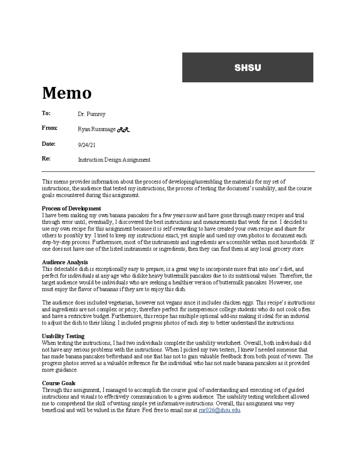 MD 3 - Major Document #3 Memo Instruction Design Assignment Dr. Pumroy ...