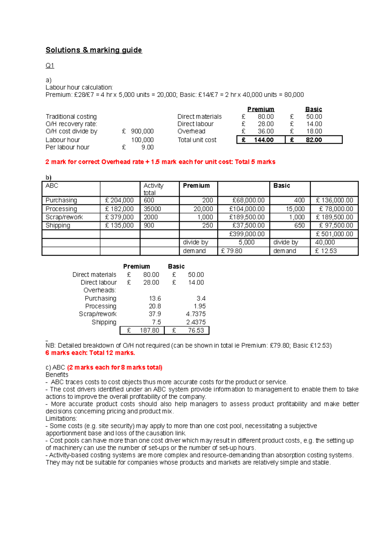 Answers 2 - QU AND ANS - Solutions & marking guide Q a) Labour hour ...