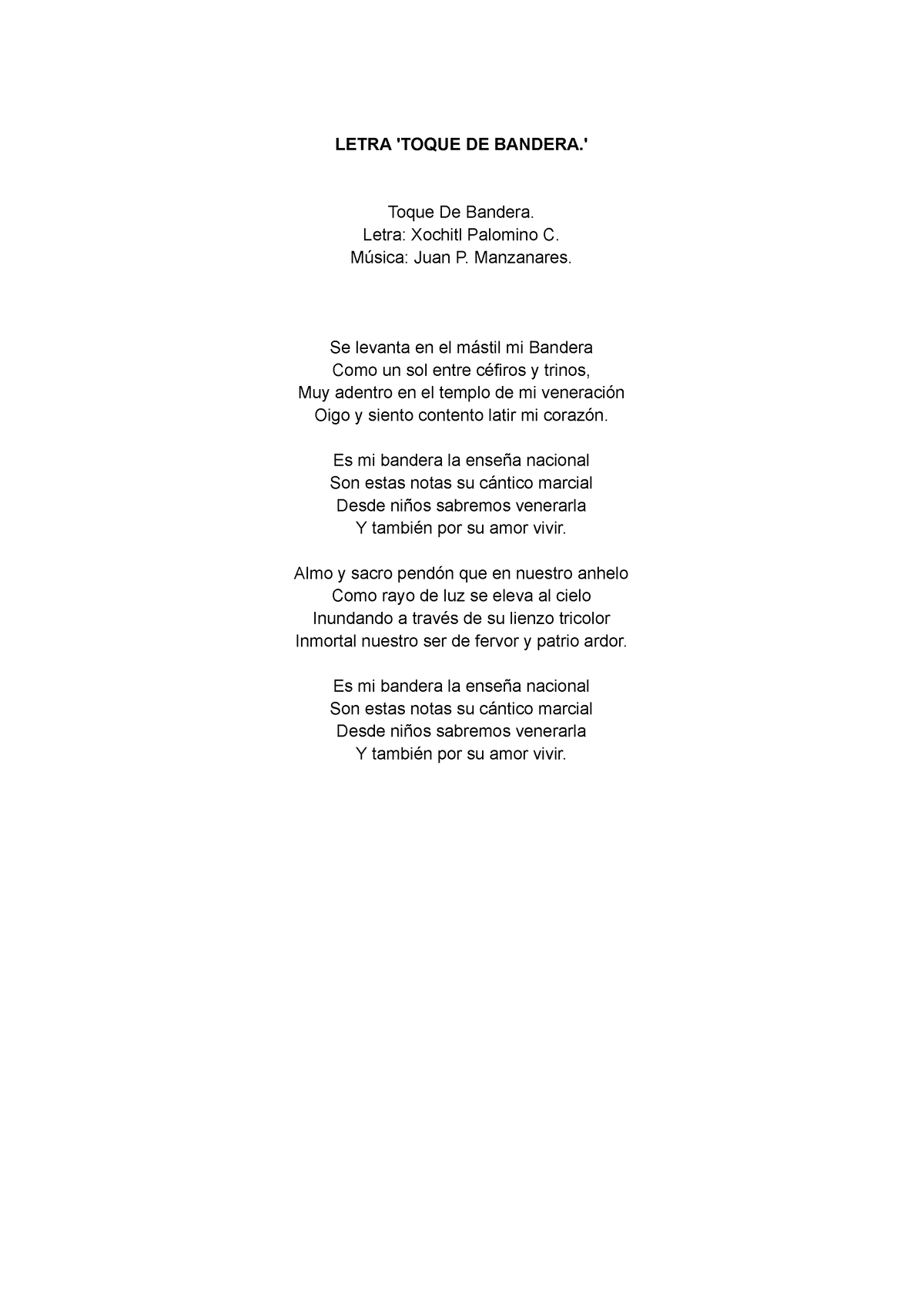 Patrios - LETRA 'TOQUE DE BANDERA.' Toque De Bandera. Letra: Xochitl ...