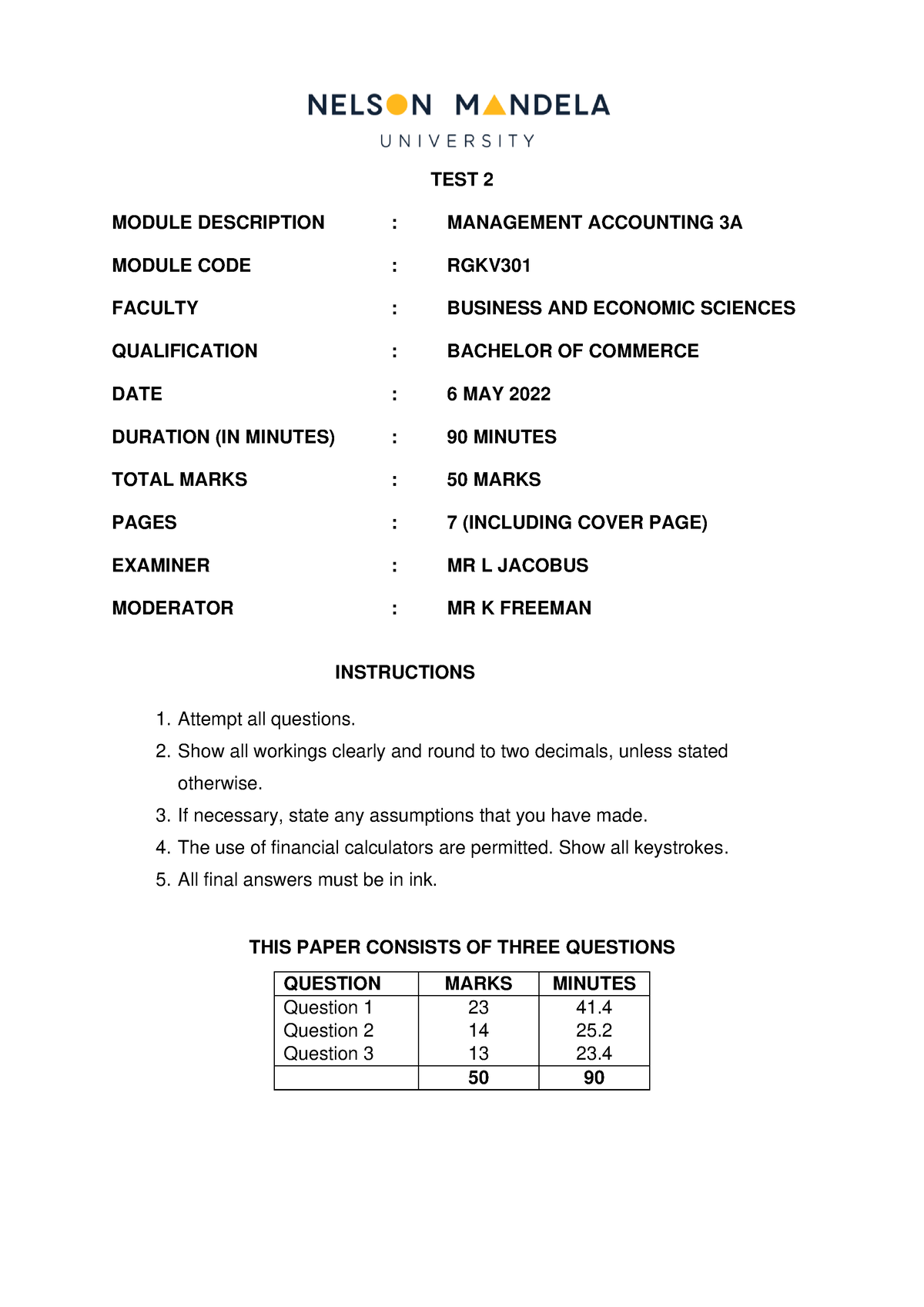 RGKV301 TEST 2 Q 2022 - TEST 2 MODULE DESCRIPTION : MANAGEMENT ...