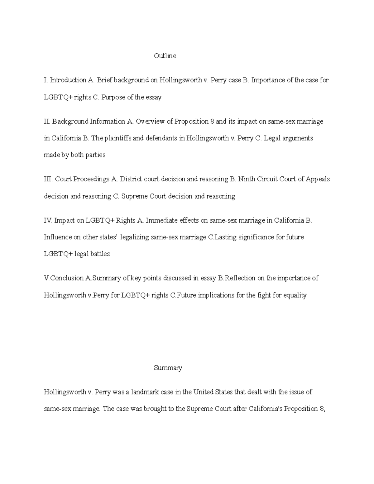 Hollingsworth v. Perry Outline and Summary Outline I. Introduction A