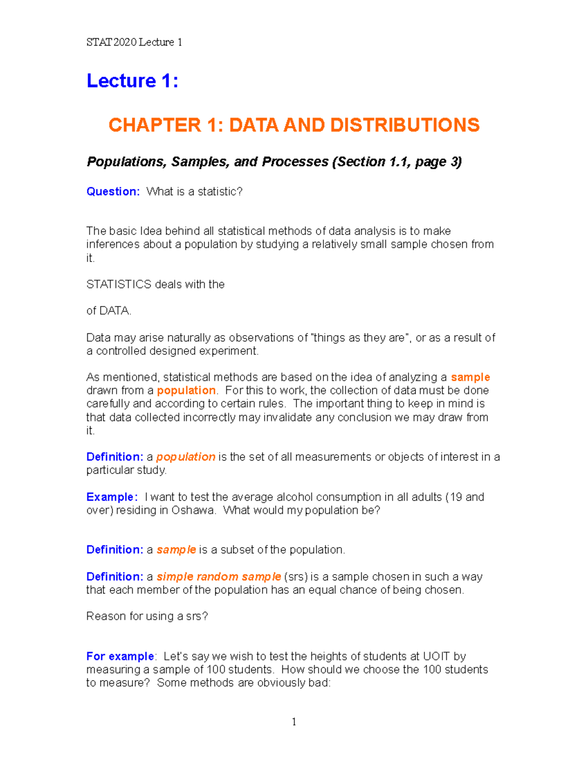 Lec1 - Lecture 1 - Lecture 1: CHAPTER 1: DATA AND DISTRIBUTIONS ...
