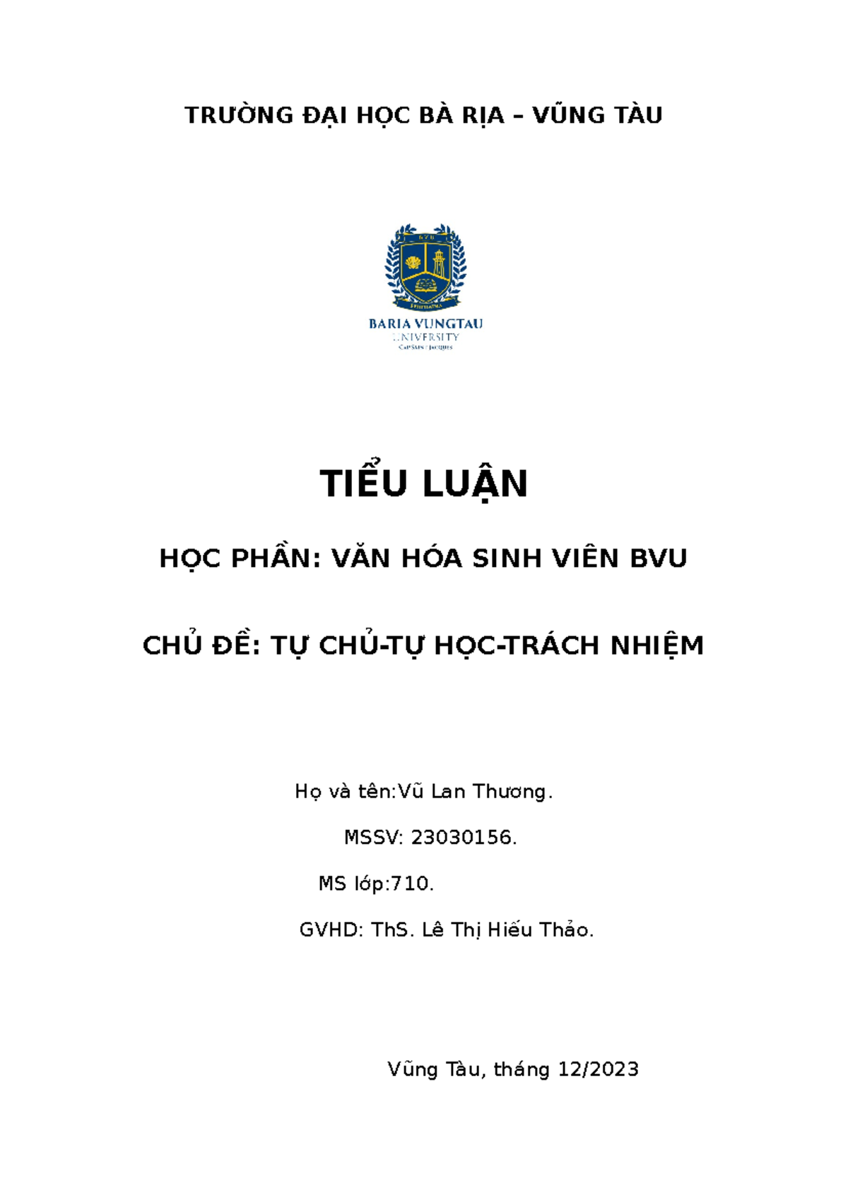 Mau bia tieu luan vhsv bvu - TRƯỜNG ĐẠI HỌC BÀ RỊA – VŨNG TÀU TIỂU LUẬN ...