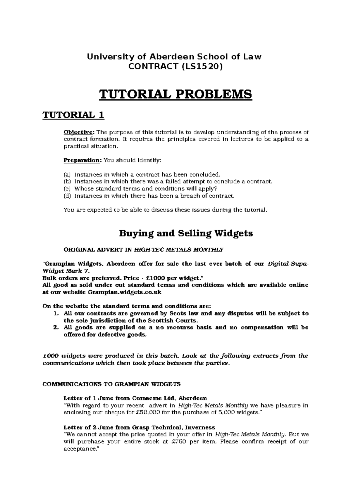 Contract Tutorial 1 University Of Aberdeen School Of Law Contract