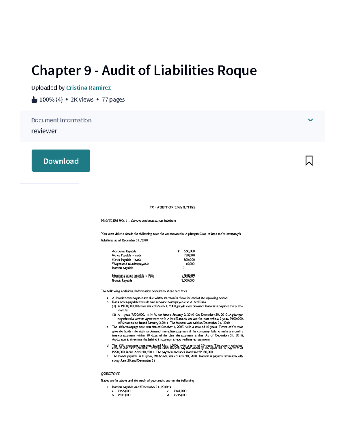 Pdfcoffee - Rev - Chapter 9 - Audit of Liabilities Roque Uploaded by ...