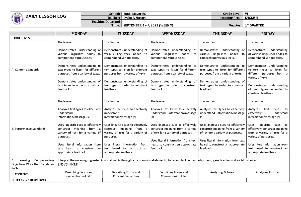 DLL English-6 Q1 W3 - Daily Lesson Log For Week 3 Of The First Quarter ...