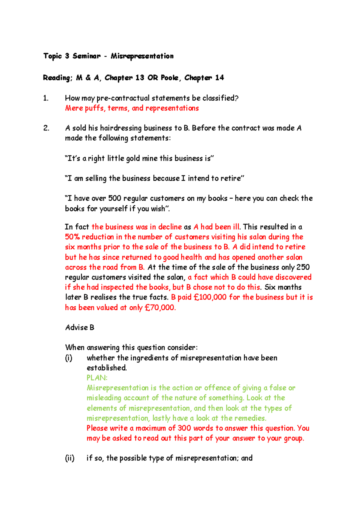 Contract Seminar 3 MCTs - Topic 3 Seminar - Misrepresentation Reading ...