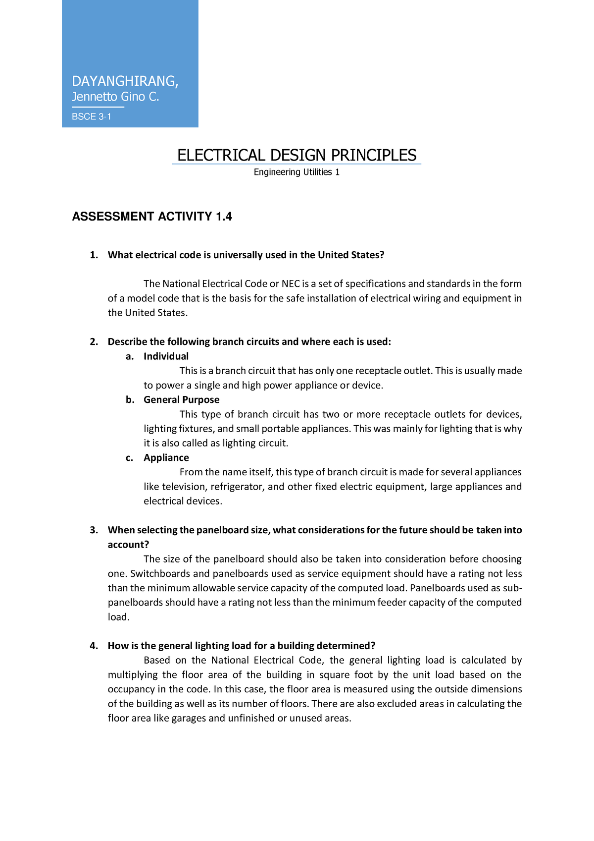 HCDC_ALE 221_Activity 1-4 Electrical Design Principles - DAYANGHIRANG ...