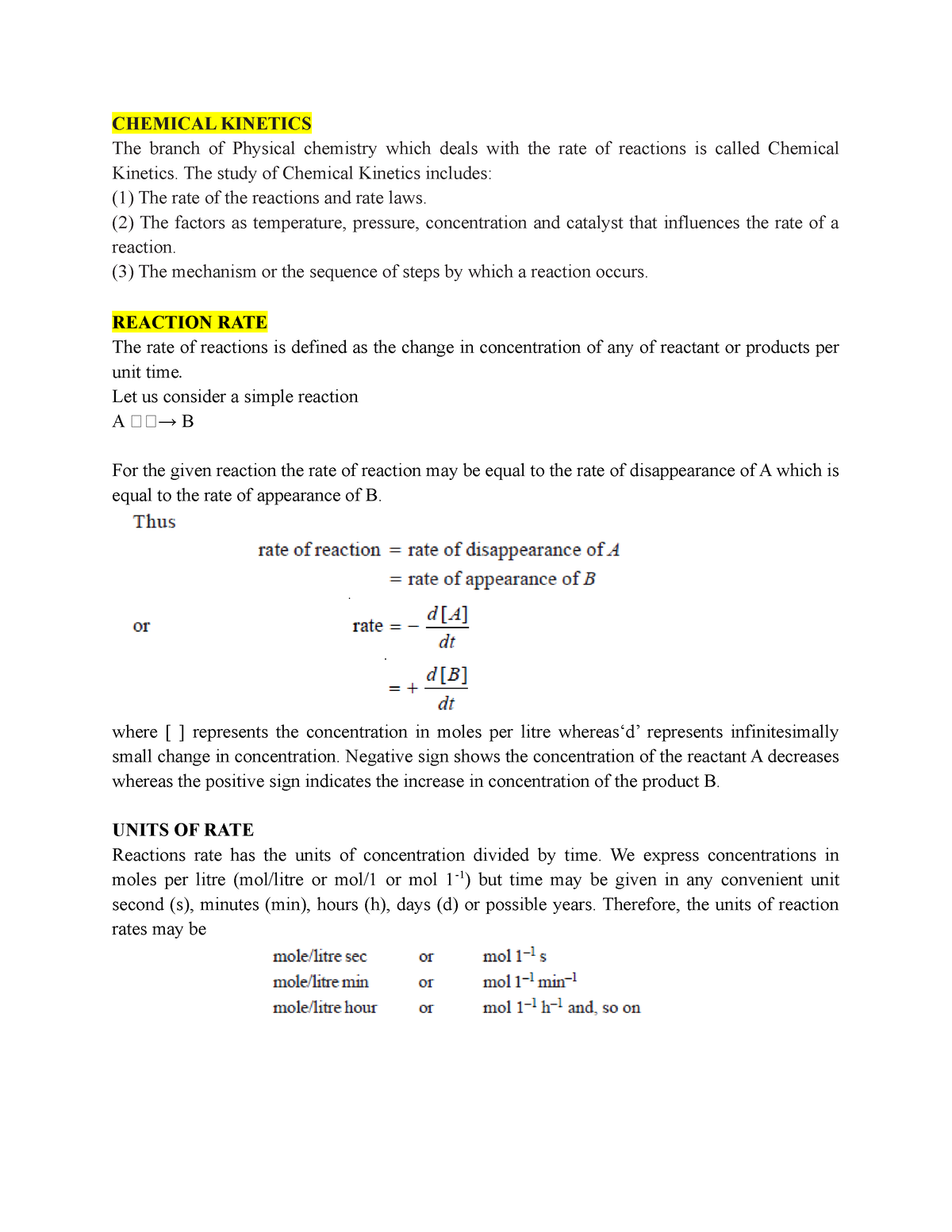 Chemical Kinetics - The Study Of Chemical Kinetics Includes: (1) The ...