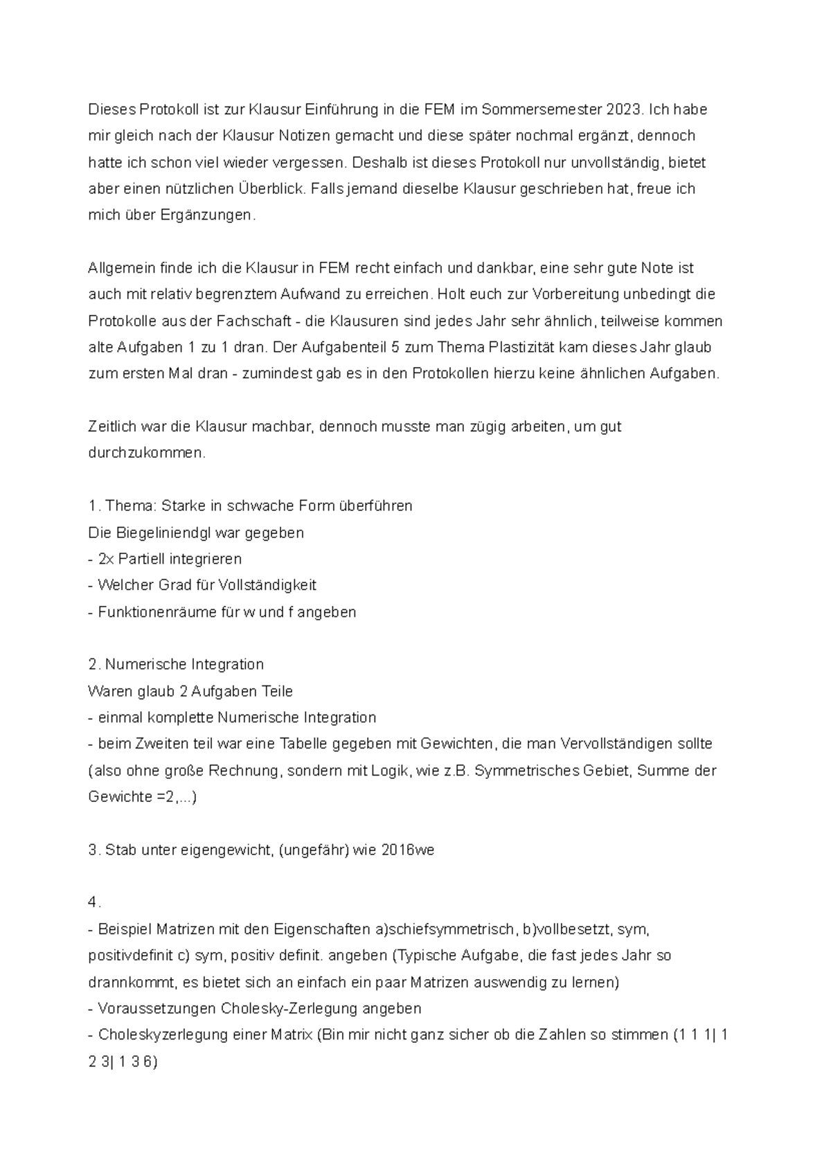 Protokol Einfuehrung FEM SS2023 - Dieses Protokoll ist zur Klausur ...