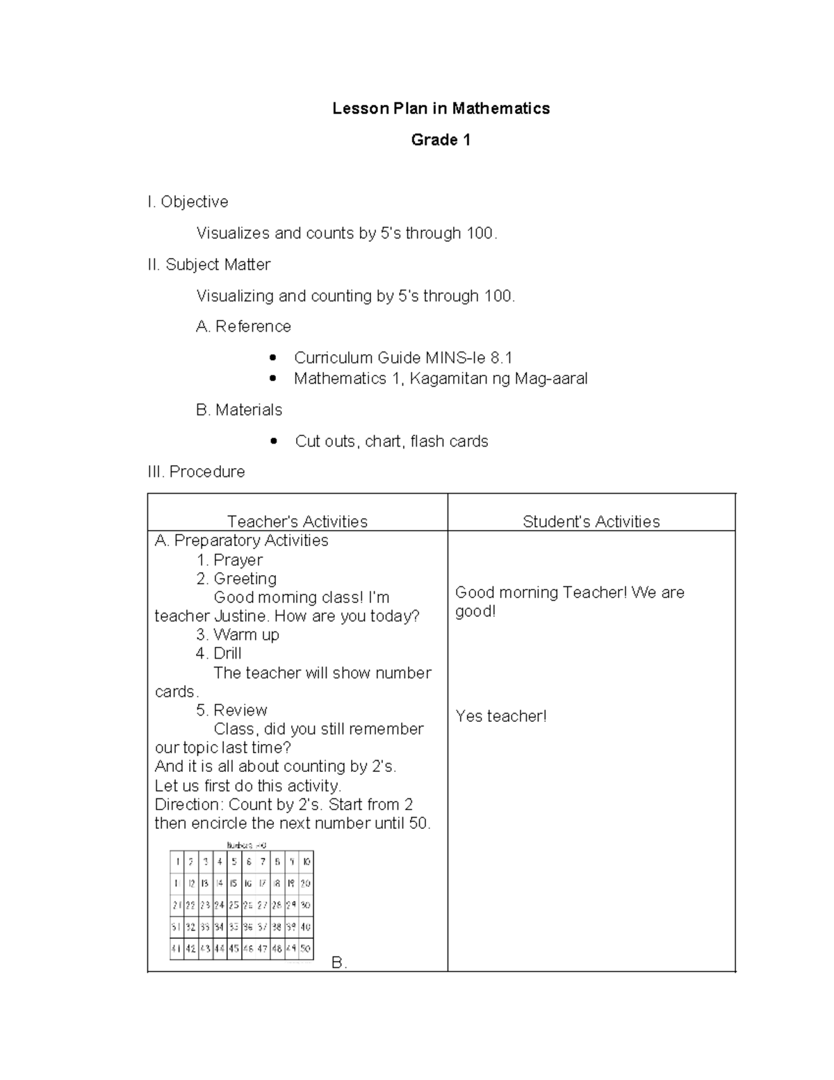 Lesson plan 3 Math - Lesson Plan in Mathematics Grade 1 I. Objective ...