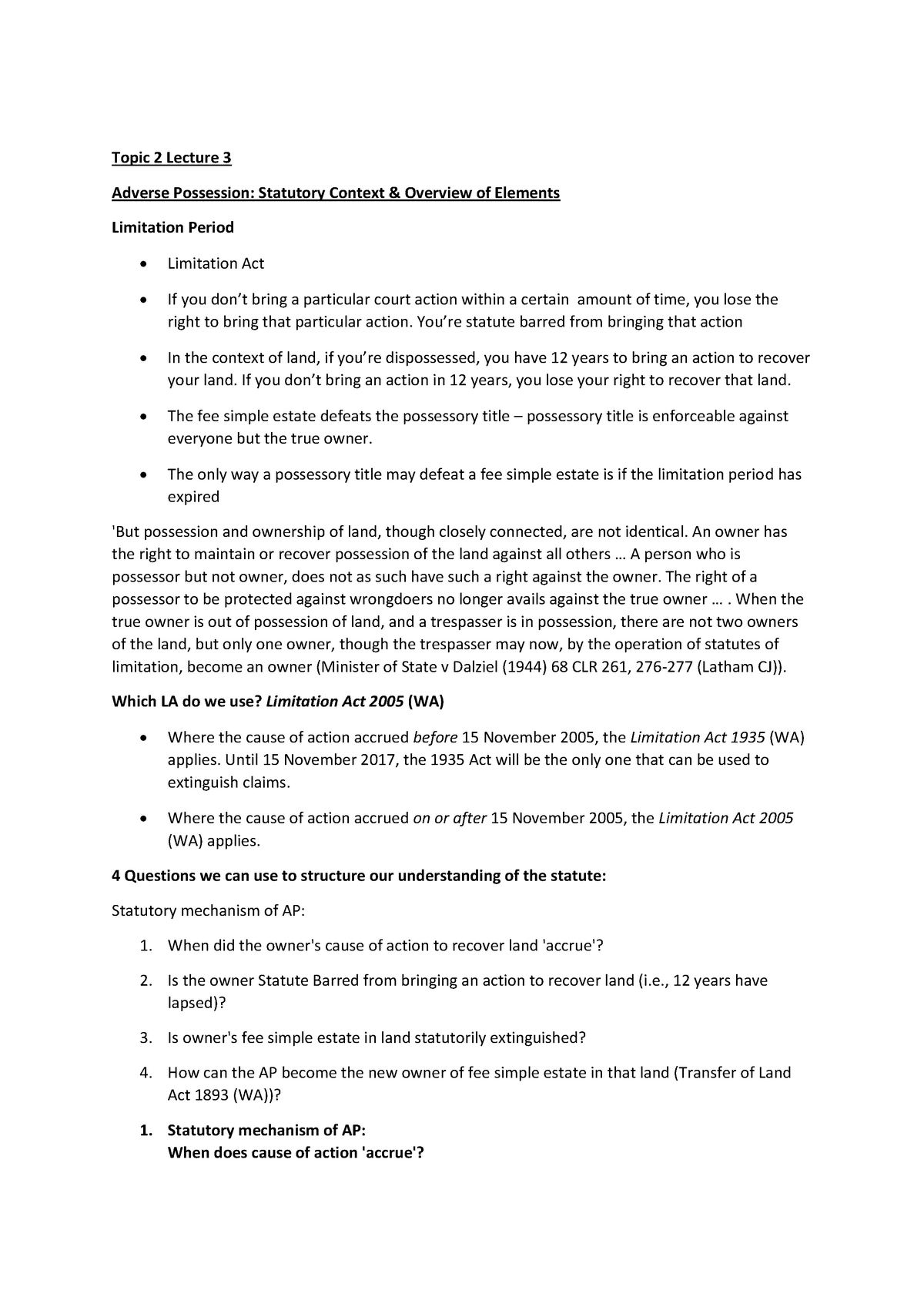 Property Law A: Adverse Possession Lecture Notes - Topic 2 Lecture 3 ...