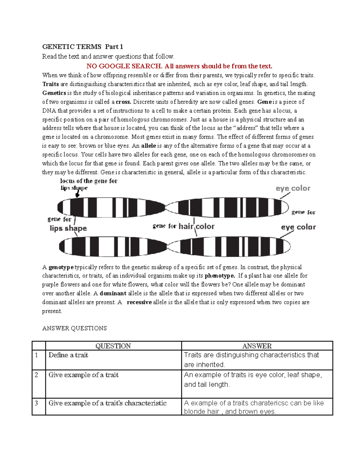 41a Genetic Terms PART 1 Guided r - GENETIC TERMS Part 1 Read the text ...