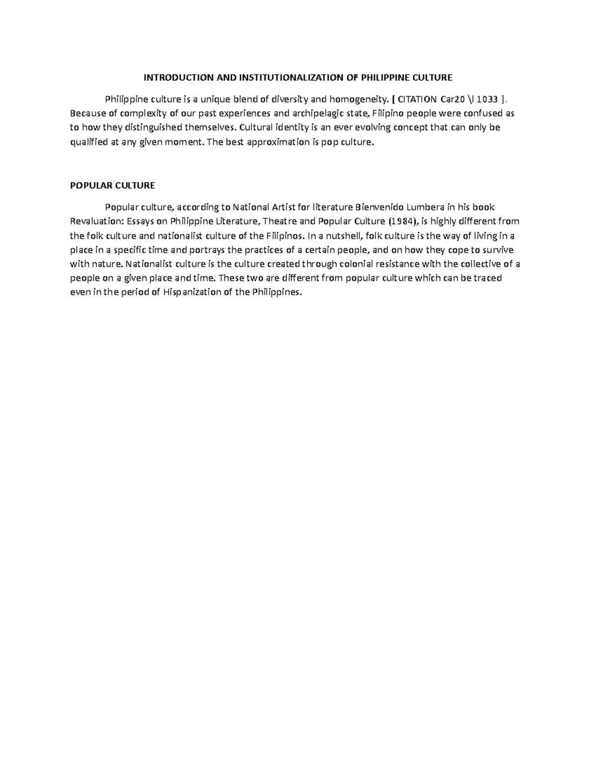 Introduction AND Institutionalization OF Philippine Culture ...