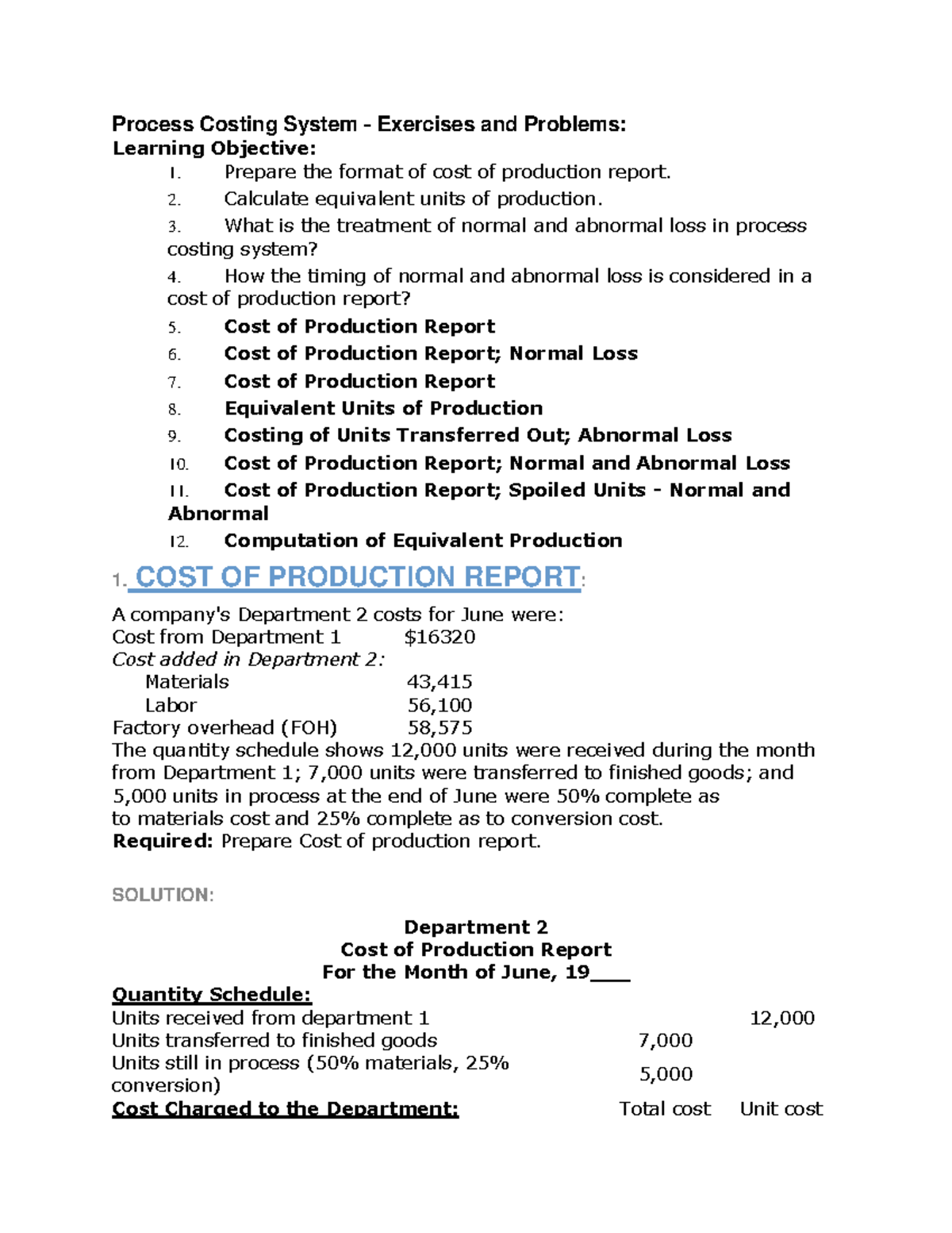 Process Costing Notes Process Costing System Exercises and