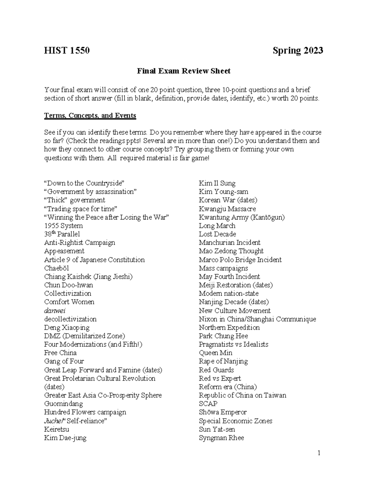 HIST1550 Final Exam Review Sheet - 1 HIST 1550 Spring 2023 Final Exam ...