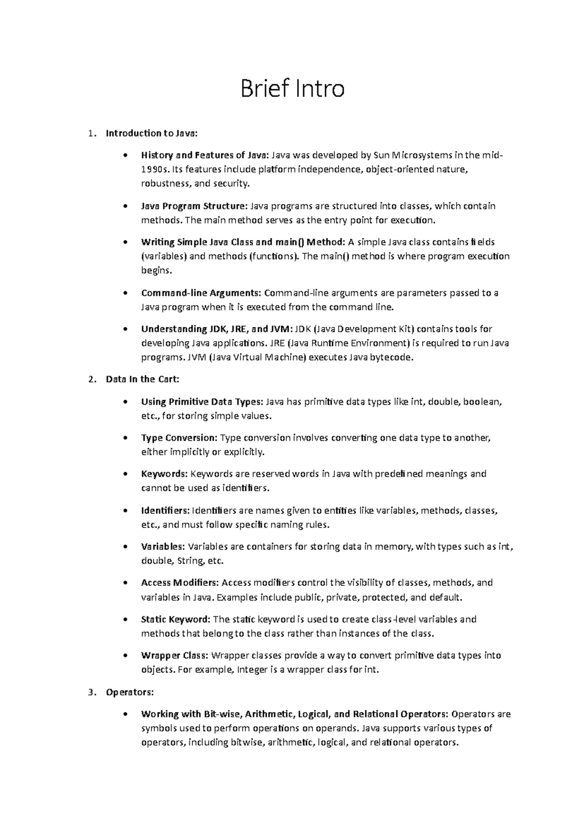 Java ETP - Brief Intro 1. Introduction to Java: • History and Features ...