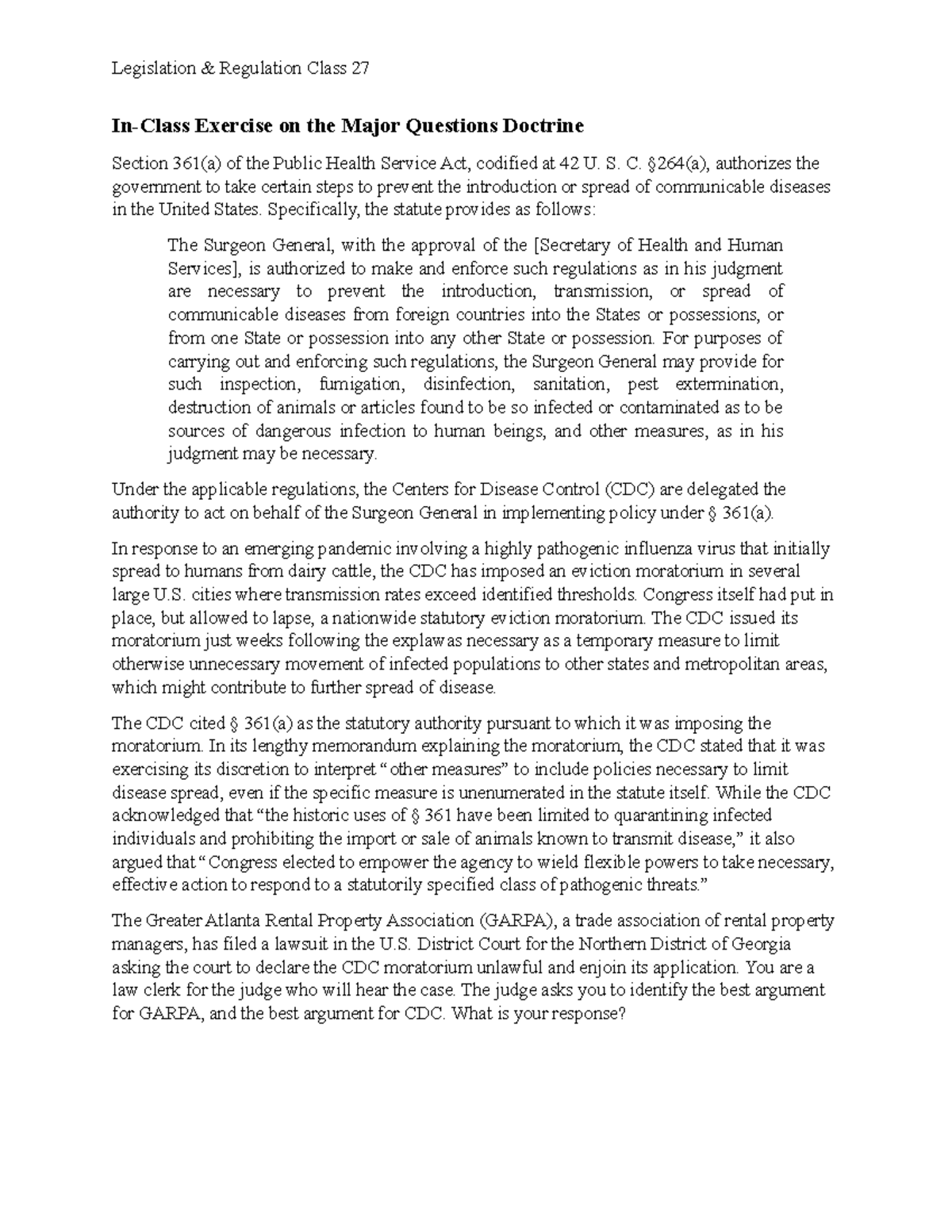 In-Class Exercise on the Major Questions Doctrine - Legislation ...