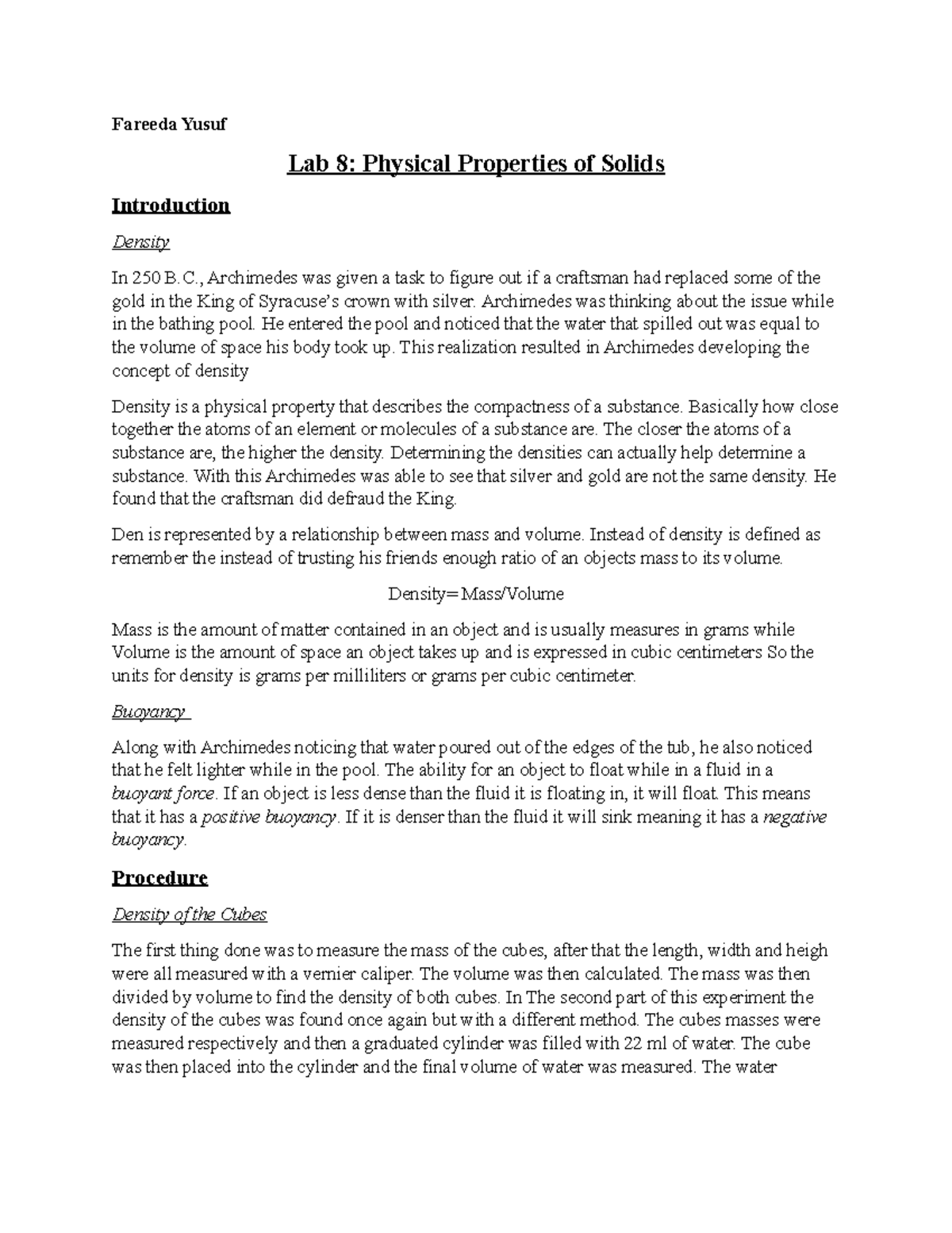 LAB 8 physics pt1 Fareeda Yusuf Lab 8 Physical Properties of Solids