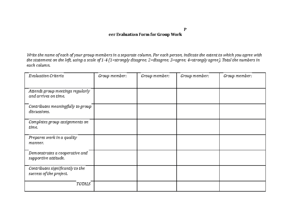 Peer Review Form 2022-1 - P eer Evaluation Form for Group Work Write ...