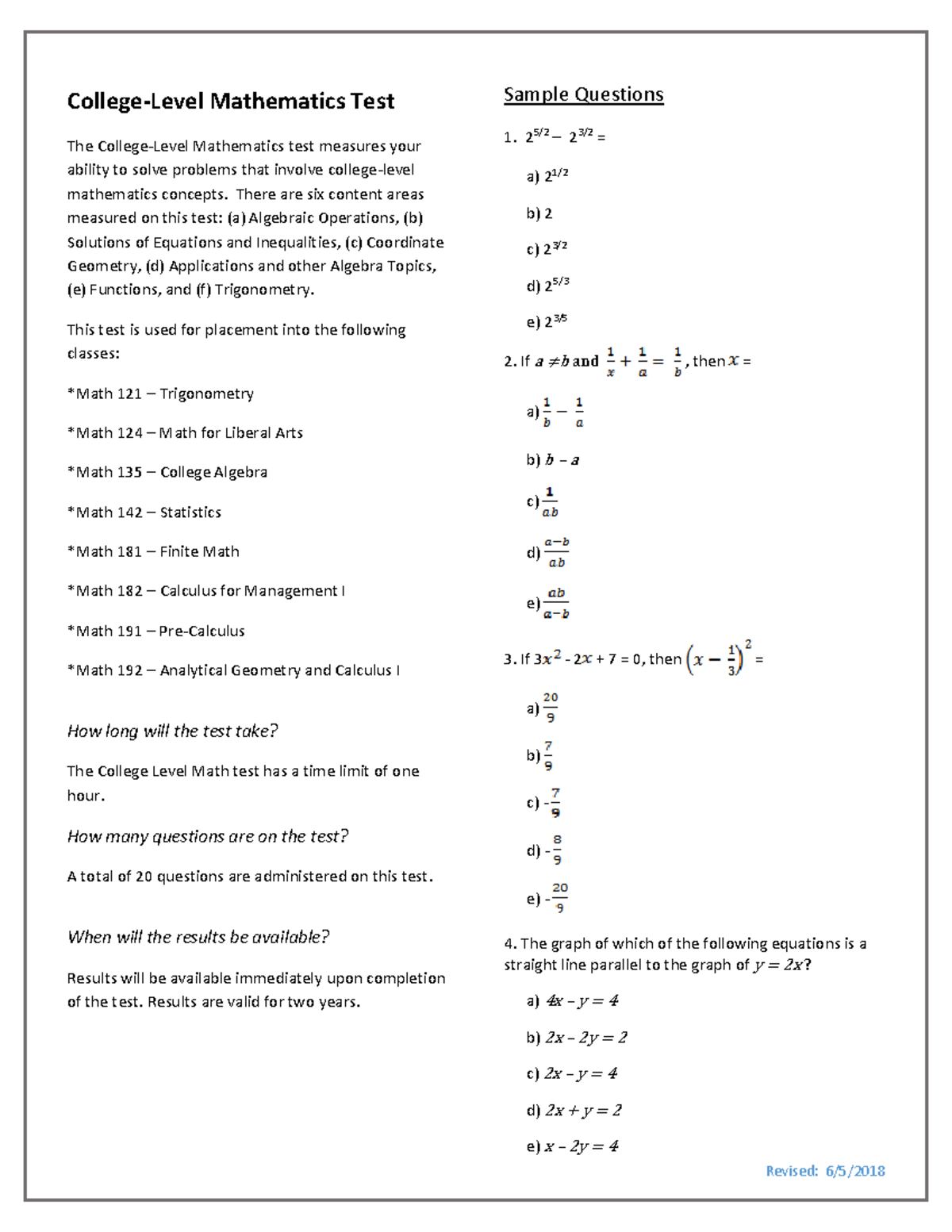 College Level Math Sample Questions Revised 6 5 College Level