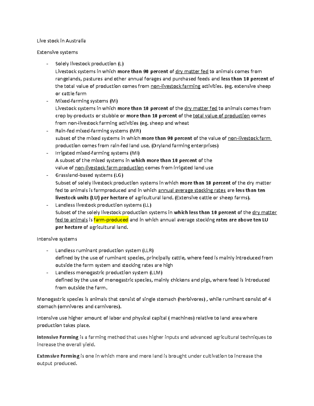 Notes lecture 12 Live stock in Australia Extensive systems Solely