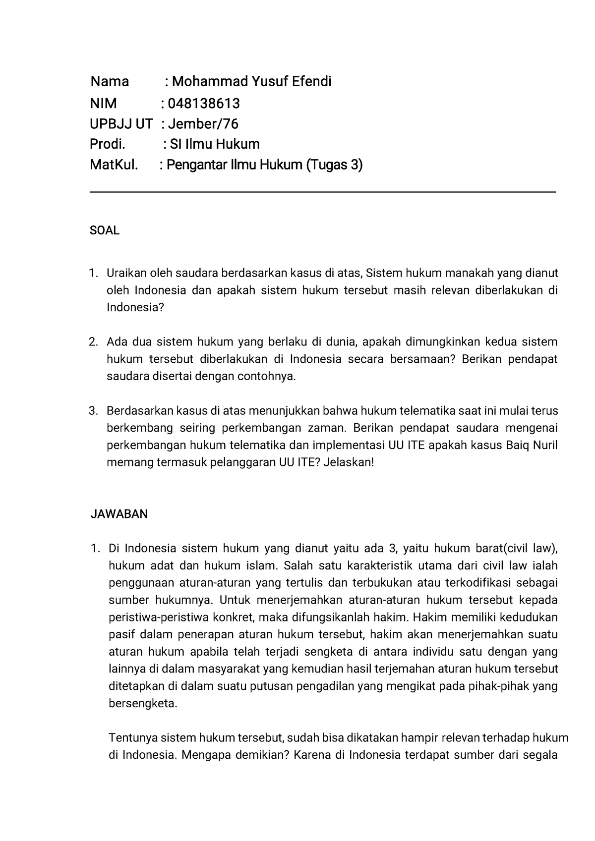 Pengantar Ilmu Hukum (Tugas 3) - Nama : Mohammad Yusuf Efendi NIM ...