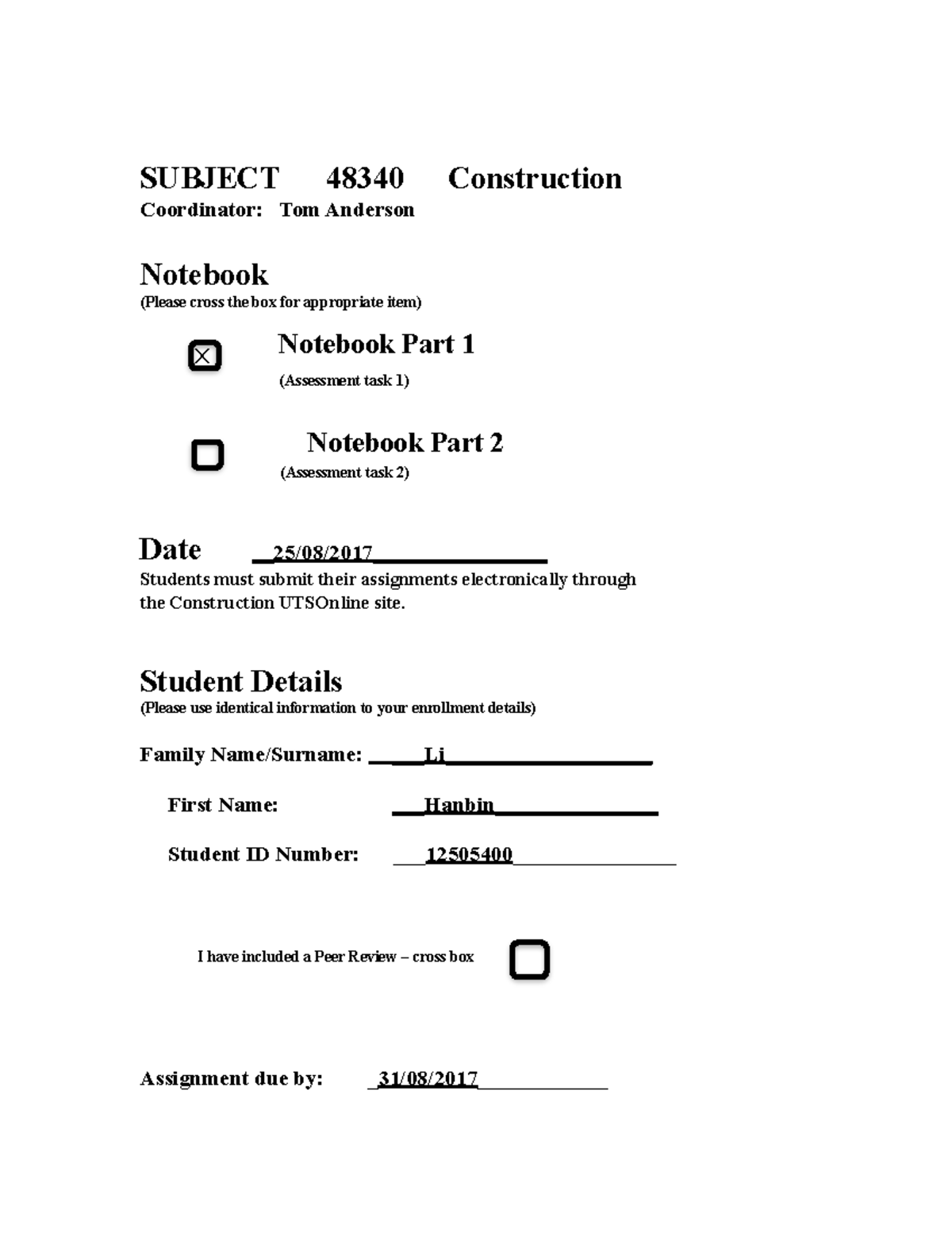 Note1 - Grade: 7 - SUBJECT 48340 Construction Coordinator: Tom Anderson ...