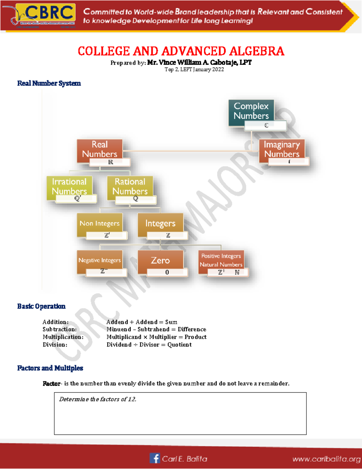 College and Advanced Algebra- Handout - COLLEGE AND ADVANCED ALGEBRA ...
