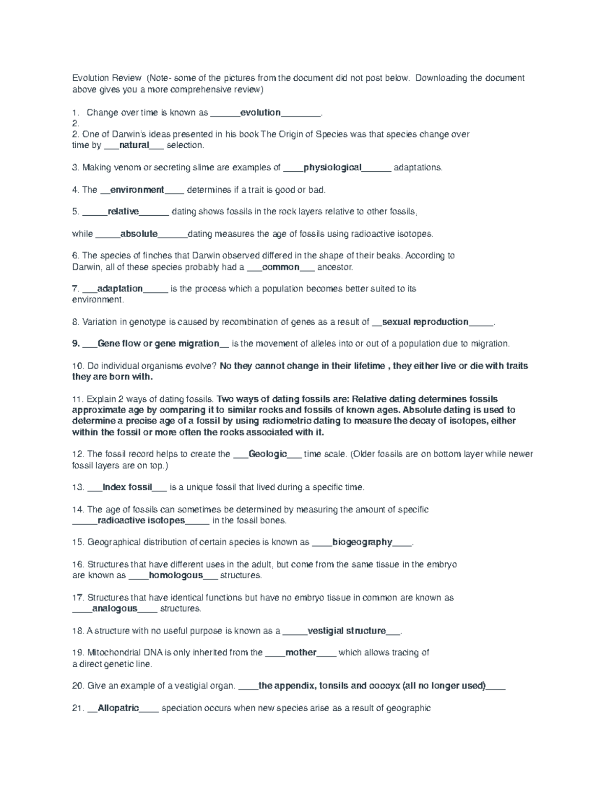 Evolution - This is an assignment. - Evolution Review (Note- some of ...