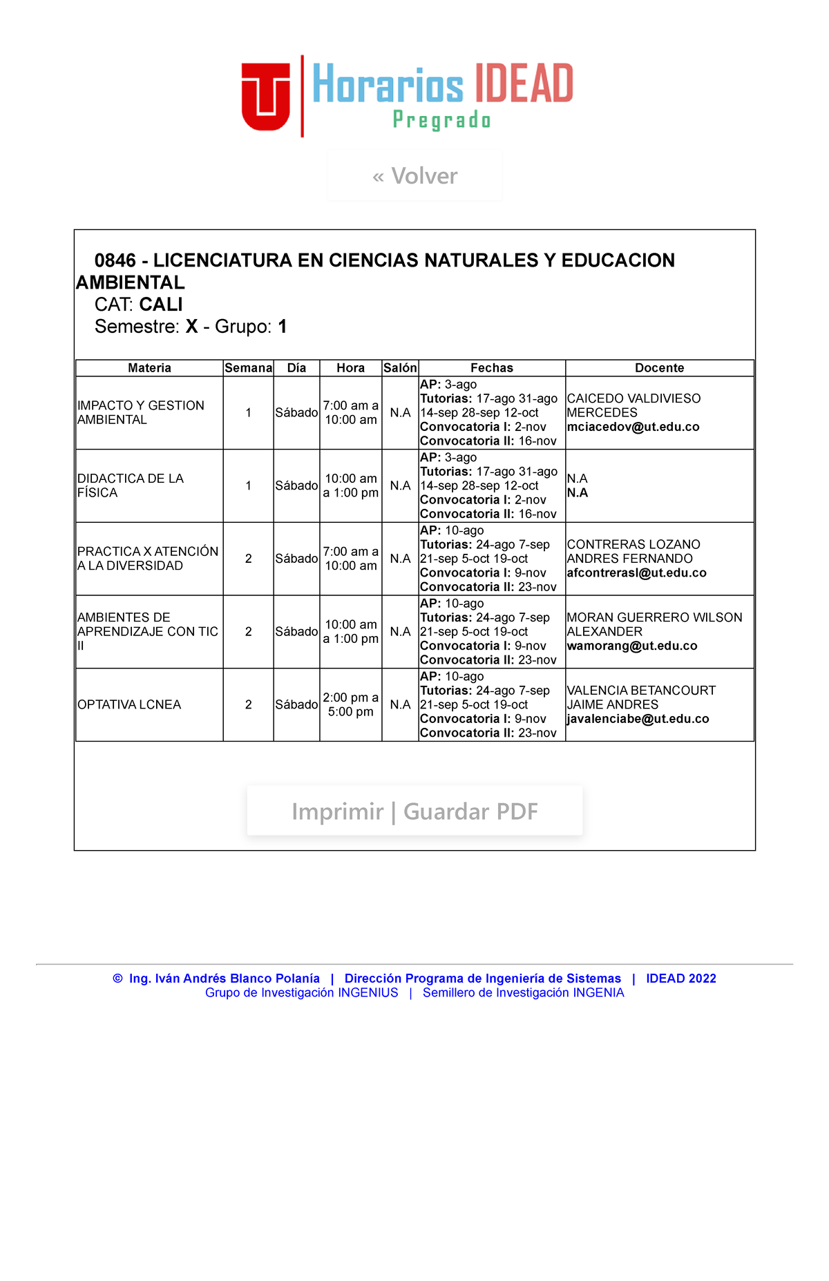Horarios Programas Pregrado Idead - 0846 - LICENCIATURA EN CIENCIAS ...