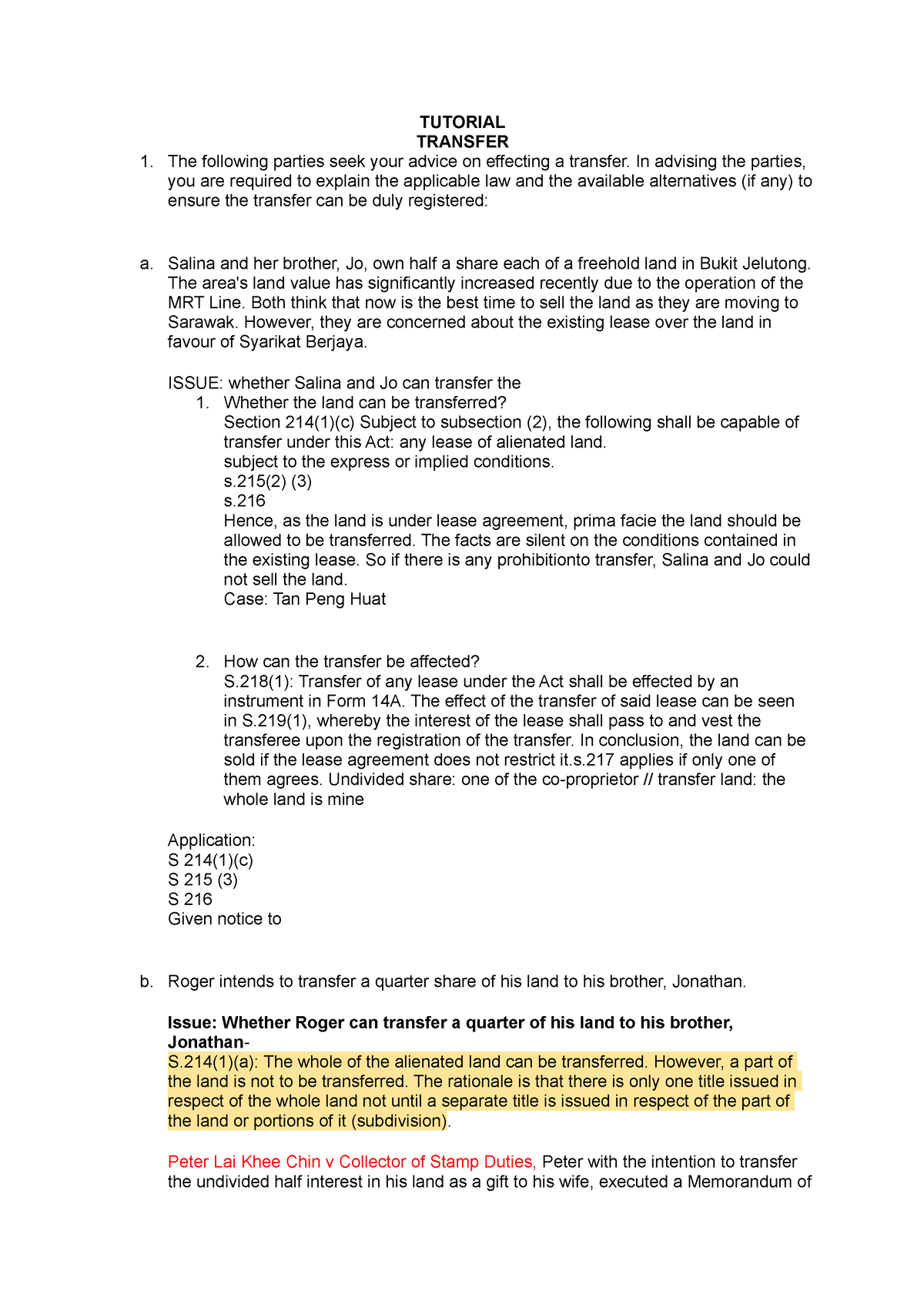 Tutorial LAND Transfer - TUTORIAL TRANSFER The following parties seek ...