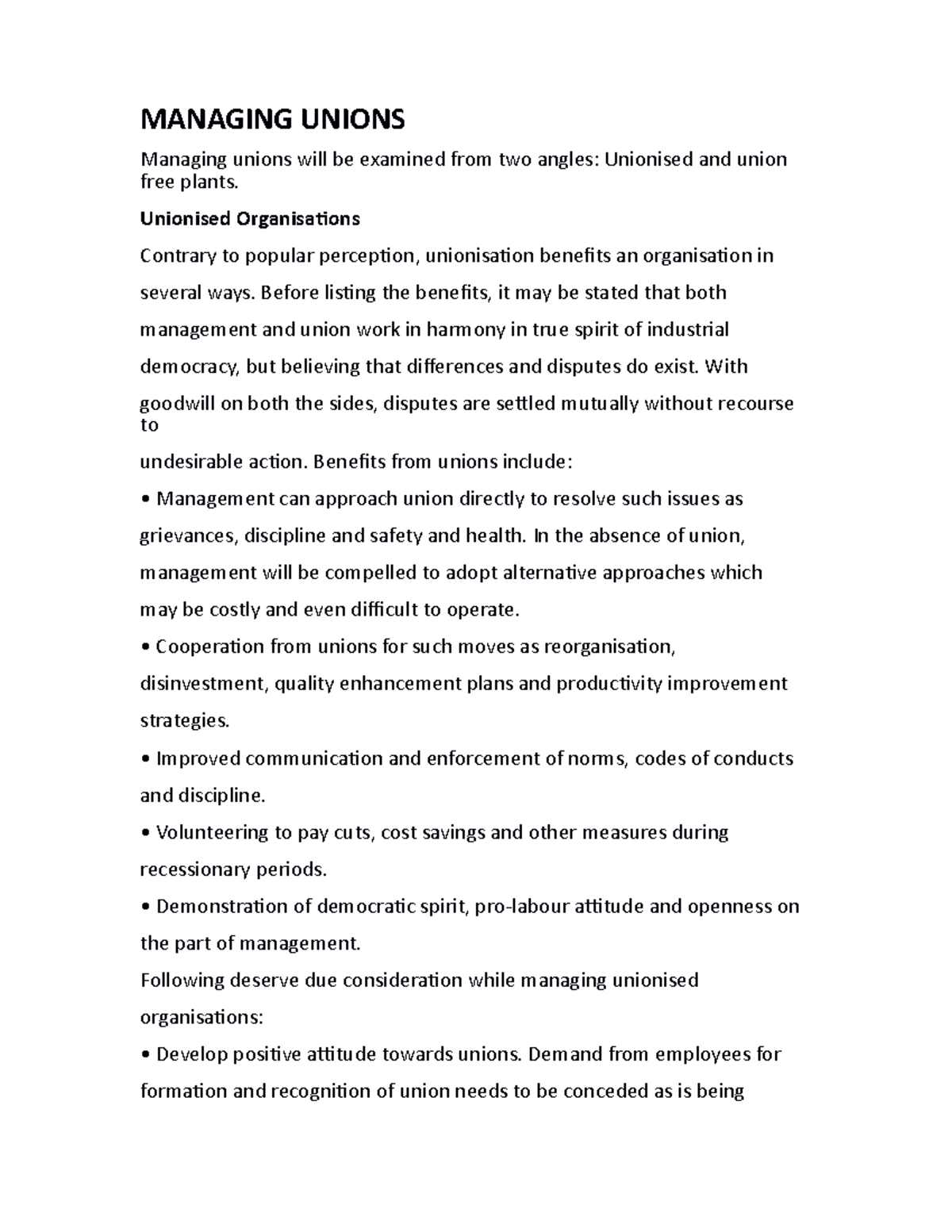 Managing Unions notes - MANAGING UNIONS Managing unions will be ...