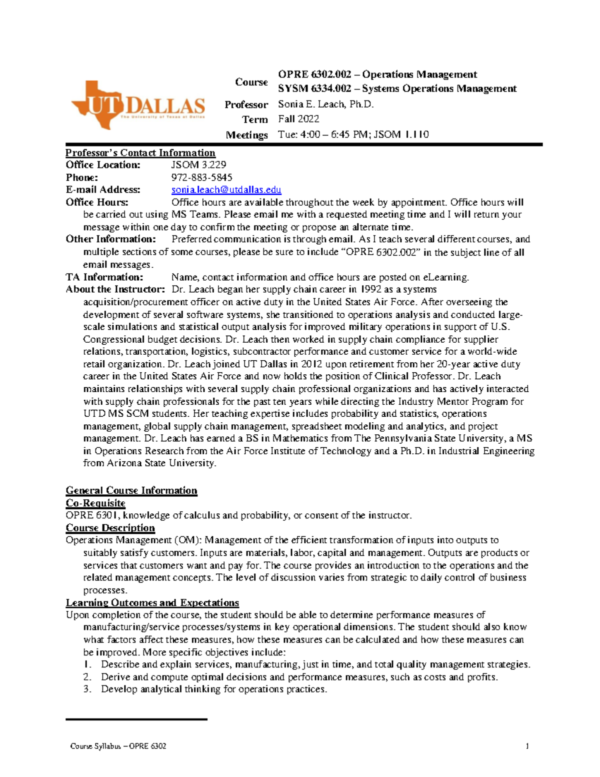 OPRE 6302.002-SYSM 6334.002 Syllabus Fall 2022 - Course OPRE 6302 ...