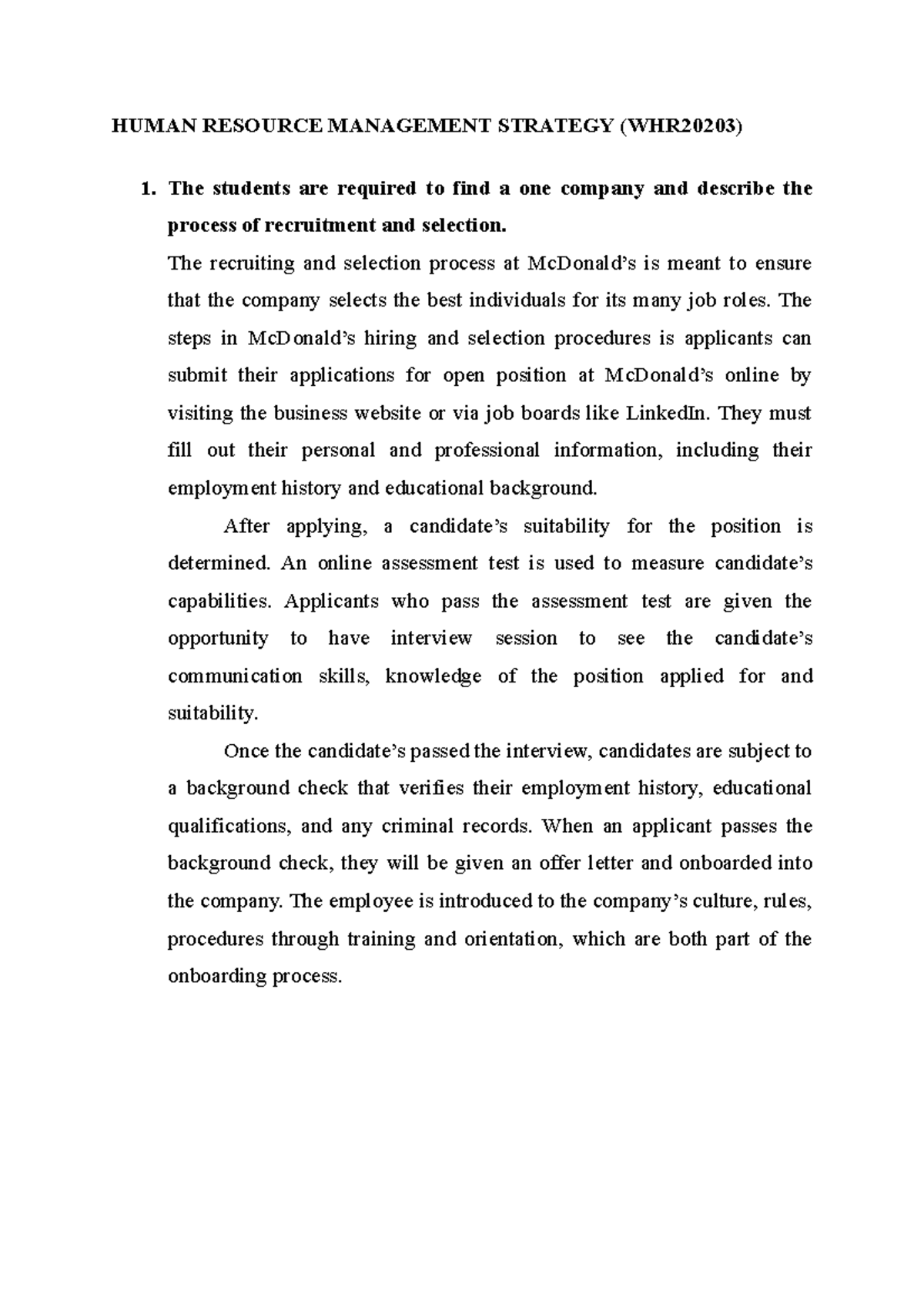 HRM Exercise 3 HUMAN RESOURCE MANAGEMENT STRATEGY (WHR20203) The