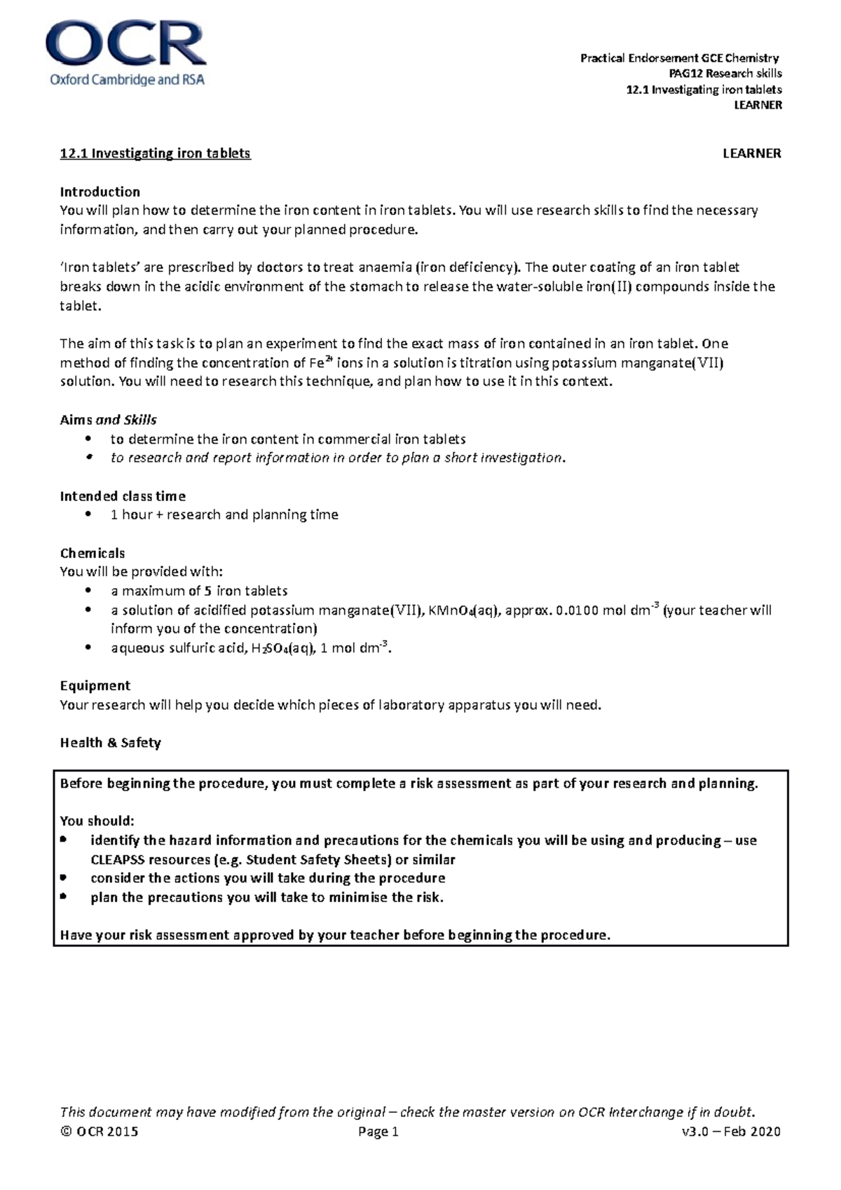 Chemistry PAG 12 - Practical Endorsement GCE Chemistry PAG12 Research ...