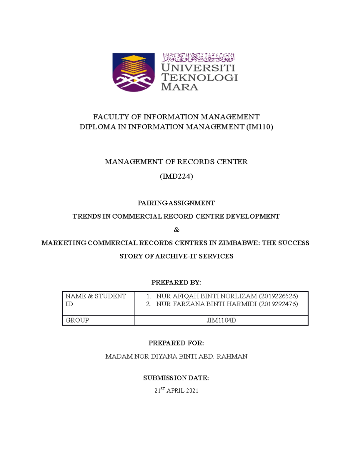 IMD 224 ( Pairing Assignment) - Information Management - UiTM - Studocu