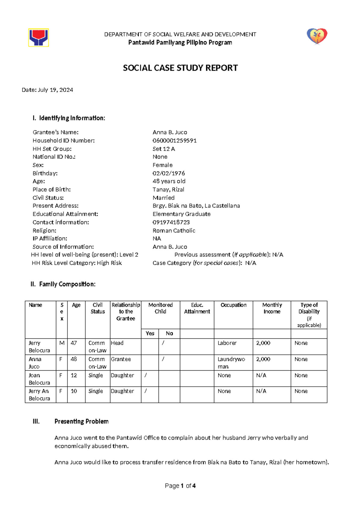 Social CASE Study Report ANNA B. JUCO - Pantawid Pamilyang Pilipino ...