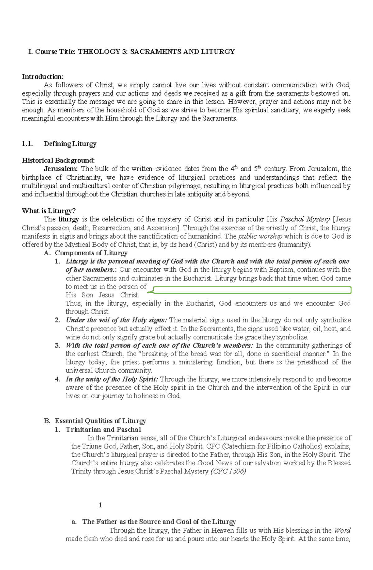 THEO 3 Exam Module - I. Course Title: THEOLOGY 3: SACRAMENTS AND ...