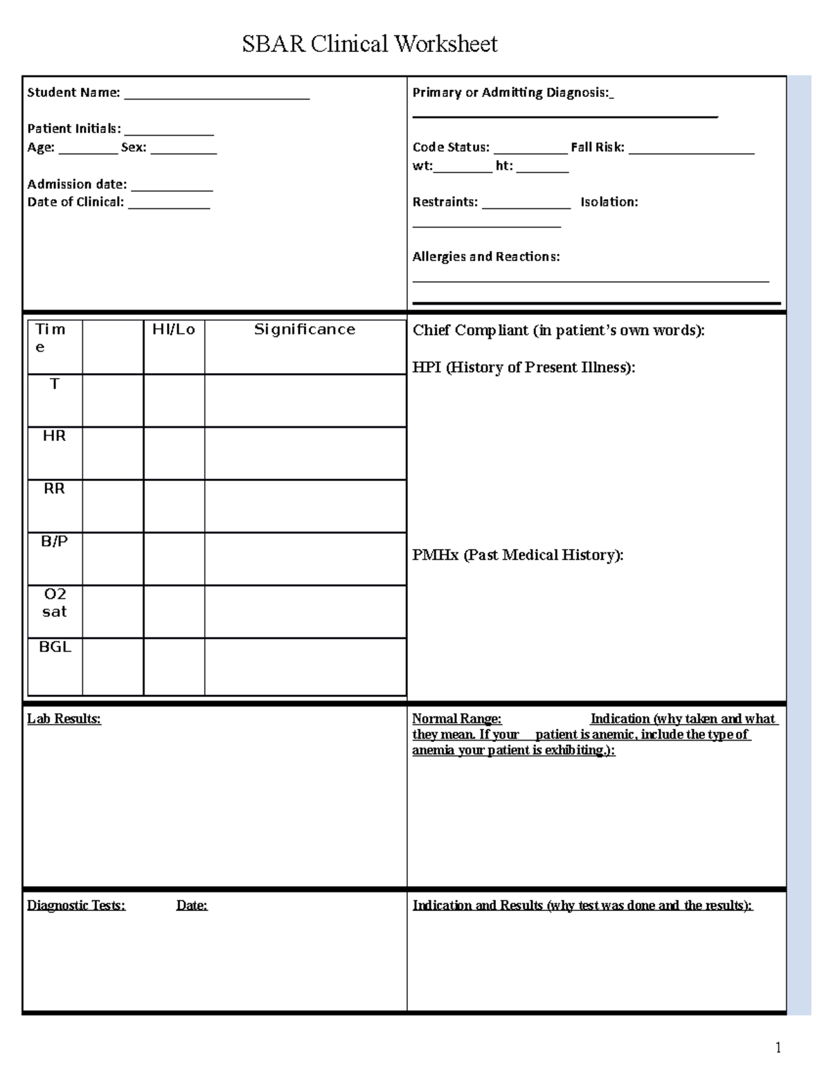 Med Surg-ICU paperwork (1) - SBAR Clinical Worksheet Student Name