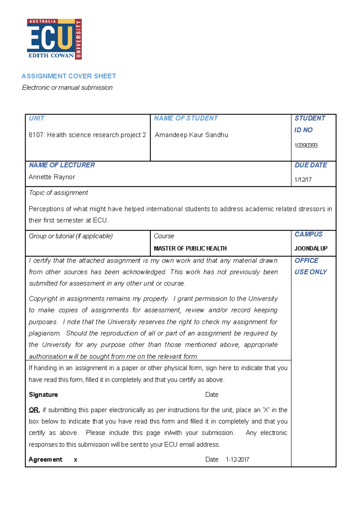 Introduction(1) re - research project - ASSIGNMENT COVER SHEET ...