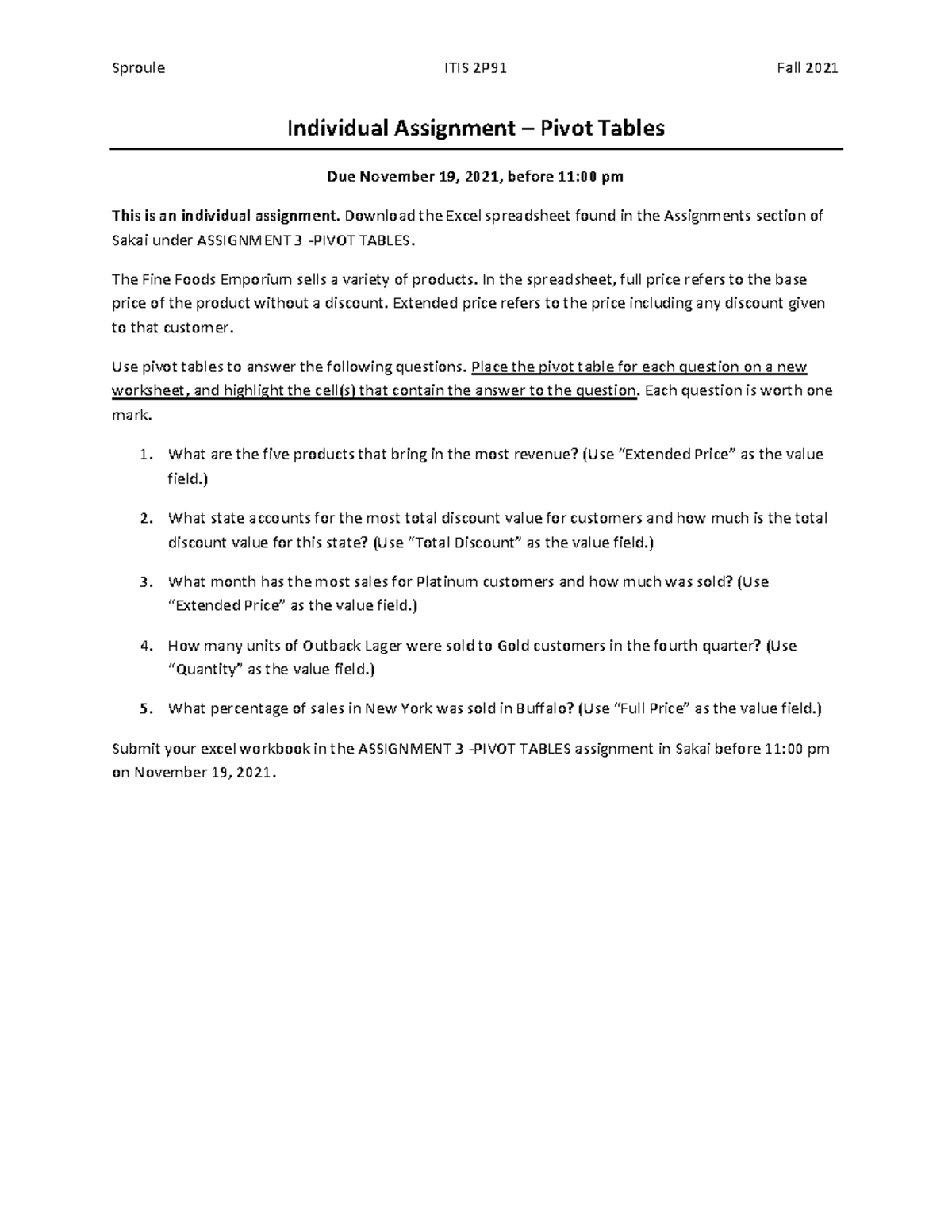 Pivot Table Assignment Instructions - Sproule ITIS 2P91 Fall 2021 ...