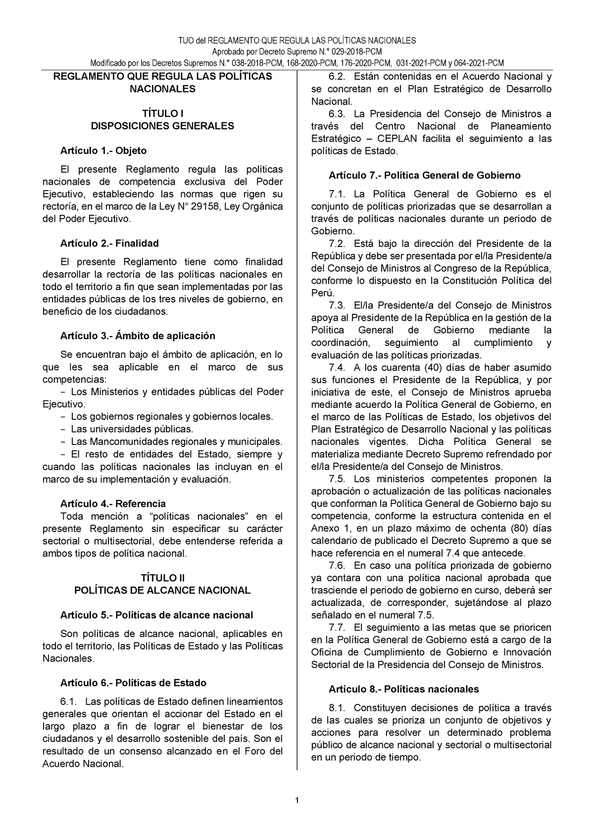 TUO Del Reglamento QUE Regula LAS Políticas Nacionales Aprobado Por ...