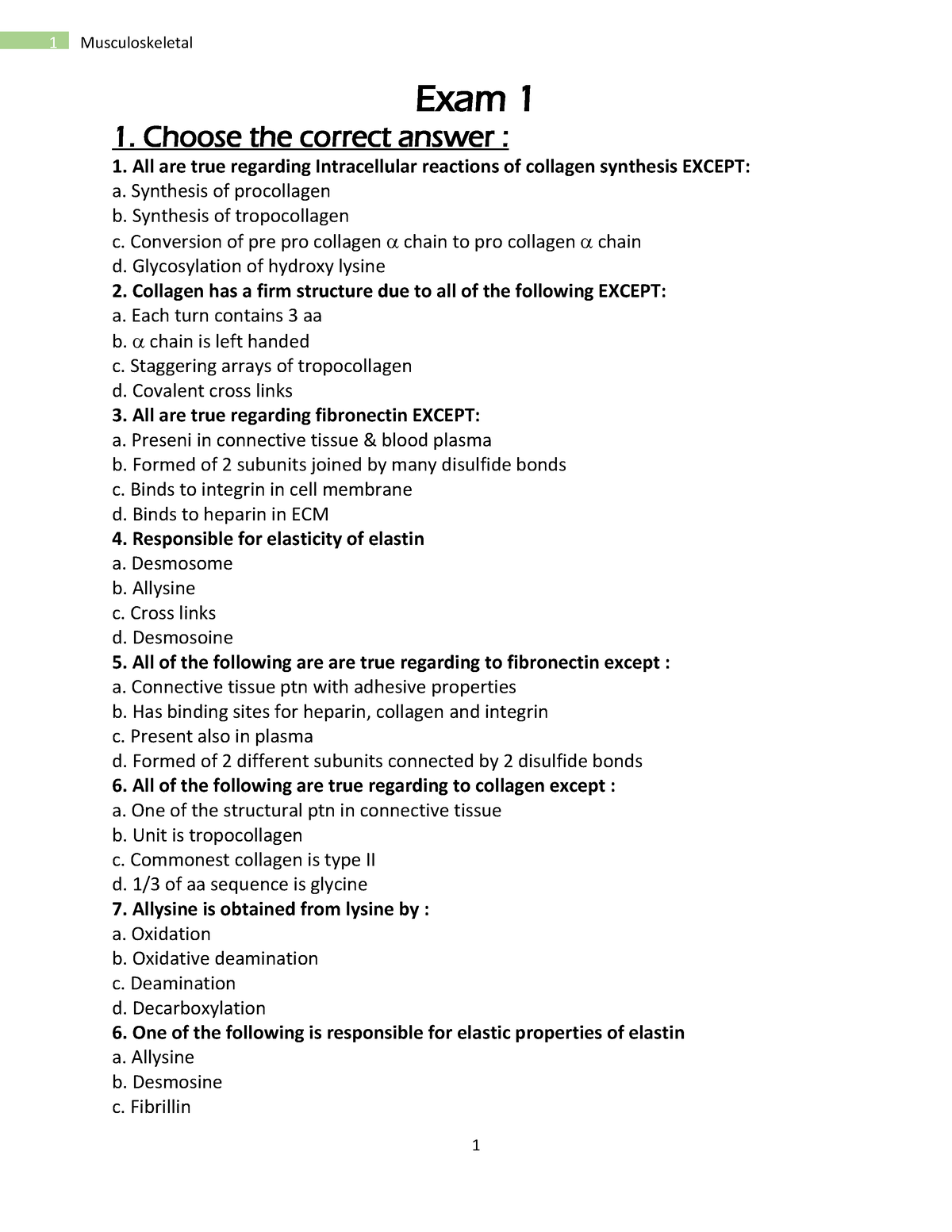 Exam 1 MSK - Exam 1 MSK - 1 1 Musculoskeletal Exam 1 1. Choose The ...