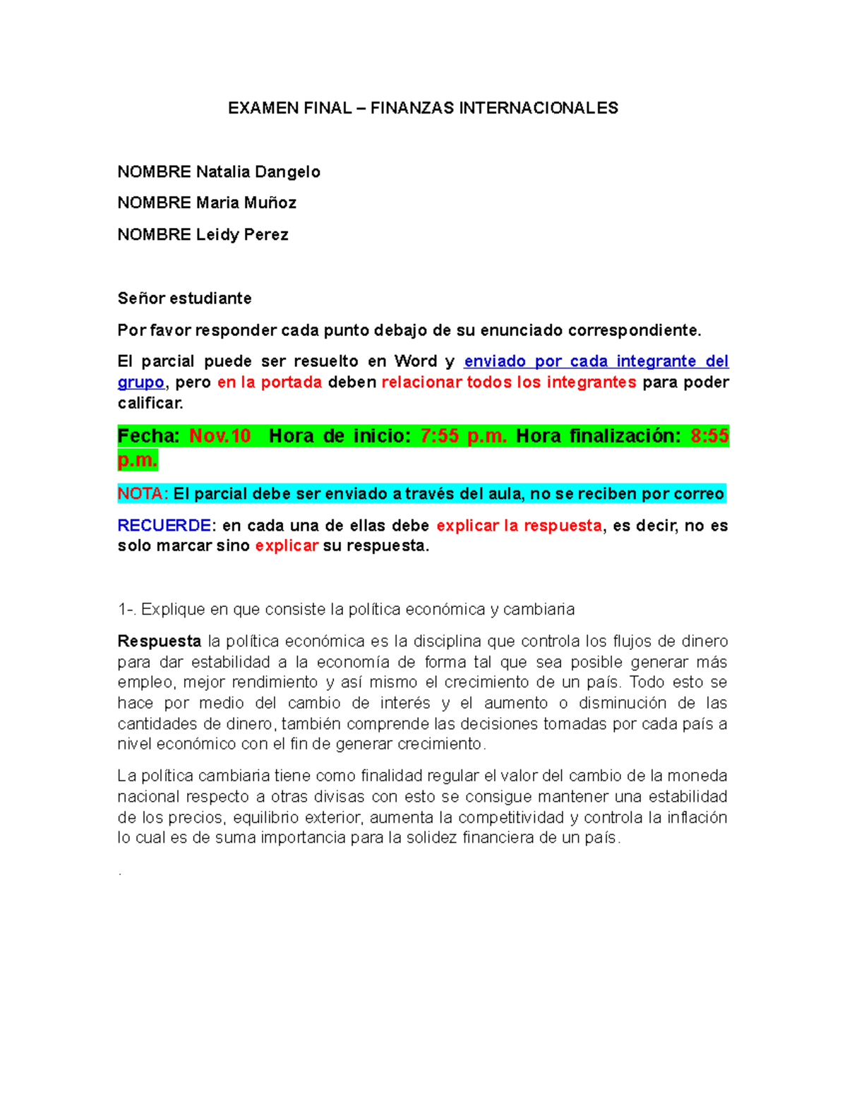 Examen Final - Finanzas Internacionales - EXAMEN FINAL – FINANZAS ...