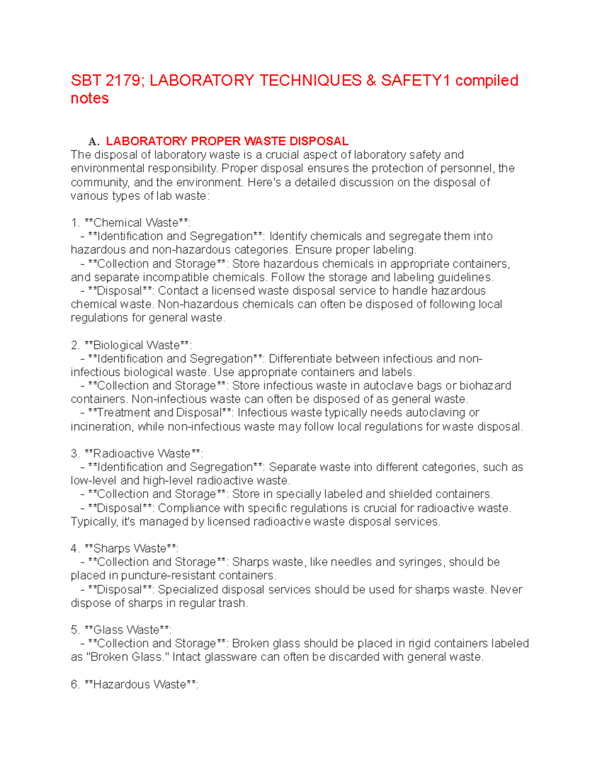 SBT 2179 Compiled Notes 2 - SBT 2179; LABORATORY TECHNIQUES & SAFETY1 ...