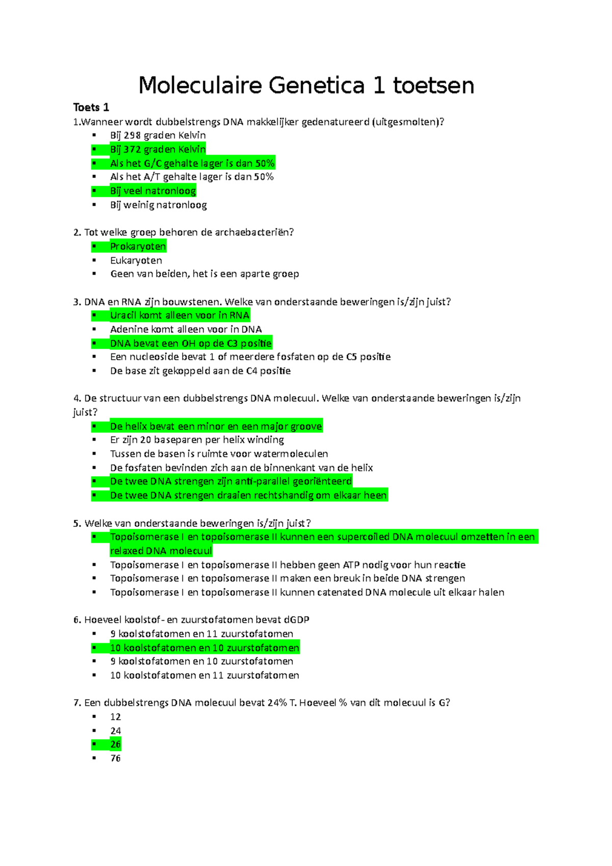 Moleculaire Genetica 1 Toetsen - Moleculaire Genetica 1 Toetsen Toets 1 ...